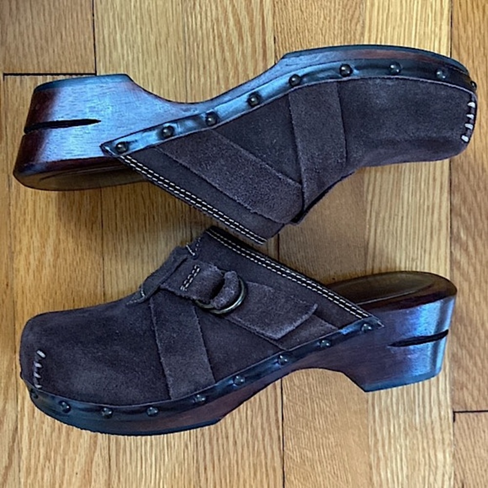 Clogs SKECHERS Shoes Mules Boho Retro Brown Suede Leather Wood Heel Size 8